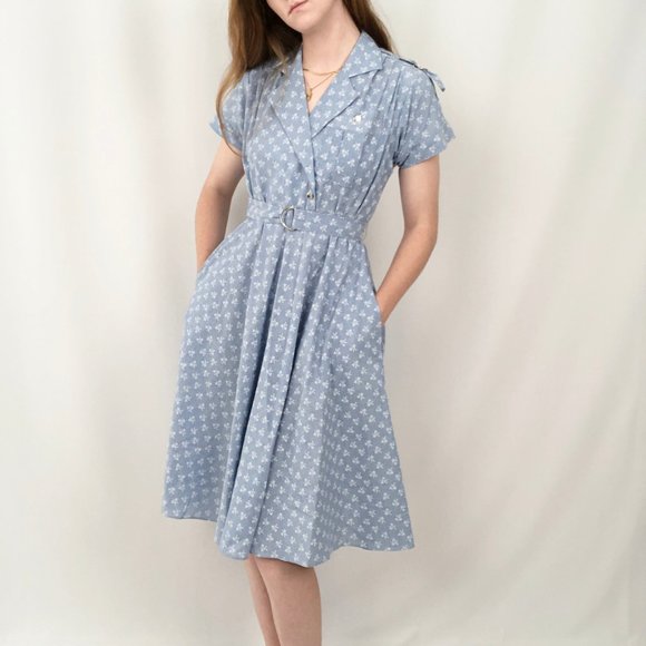 Vintage Mid Century Modern Floral Belted Secretary Midi Dress Collared Preppy - Picture 4 of 9
